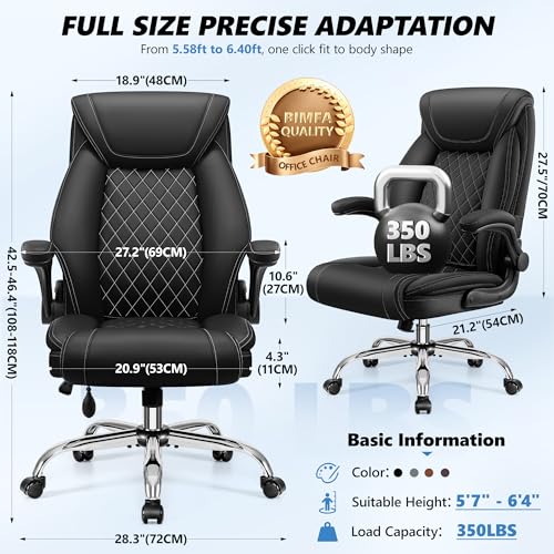 Image of BestGlory Executive Office Chair with Lumbar Support, Big and Tall Ergonomic Computer Desk Chair, Leather Comfy High Back Gaming Chair with Flip Up Arms & Rocking Function for Home Office, Black
