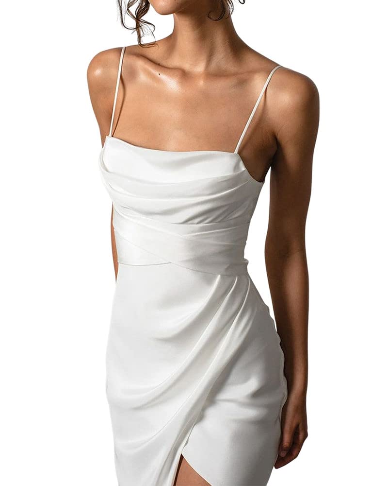Sexy Lang Meerjungfrau Hochzeitskleid Spaghettiträger Hochgeschlitzte Robe Einfaches Rückenfreies Brautkleid Strandhochzeitskleid, Weiß, 34