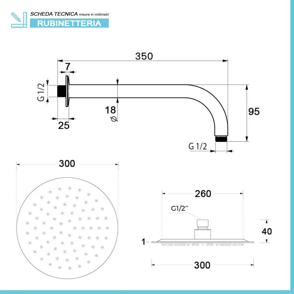 Kit doccia moderno nero opaco con soffione 30 cm, braccio 35 cm, doccino con flessibile e supporto in Acciaio inox e ABS