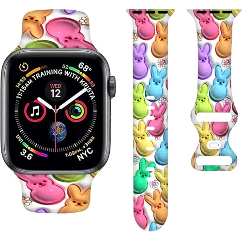 Easter Colorful Egg Bunny Rabbit Bands Compatible with Apple Watch Band 38MM 40MM 41MM, Silicone Strap Compatible with iWatch Bands Ultra Series SE 9 8 7 6 5 4 3 2 1 for Women Men