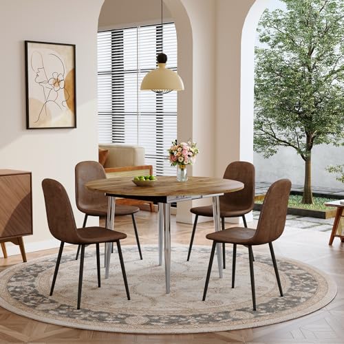 Image of Extendable Round Dining Table Set for 4, 42-54 inch Expandable Dining Table with 4 Upholstered Chairs, Engineered Wood Top, Space-Saving Round Kitchen & Dining Room Table Set(1 Table + 4 Brown Chairs)