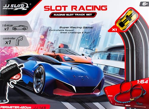 JooTech Autorennbahn | Rennbahn | Rennstrecke | Spielzeug-Rennstrecke | 1-Spurig | mit 2 Loopings | mit 1 Kontroller und 1 Autos | Slot Racing | 86 x 57 cm
