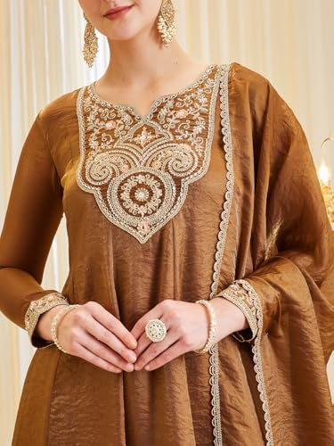 Image of MOKOSH Women's Silk Embroidered Anarkali Kurta and Sharara with Dupatta Set | Ethnic Set | Suit Set | Kurta Set