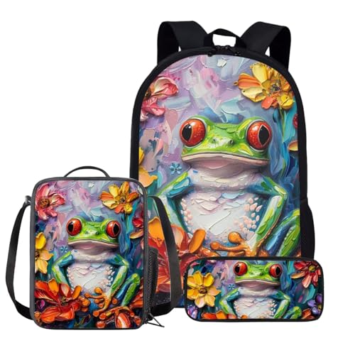 PinUp Angel Red Eye Tree Frog Print Cute Kids School Backpack with Lunch Bag and Pencil Bag, Elementary Middle Bookbag Teenager Oil Painting Artistic Animal Patterned School Bag
