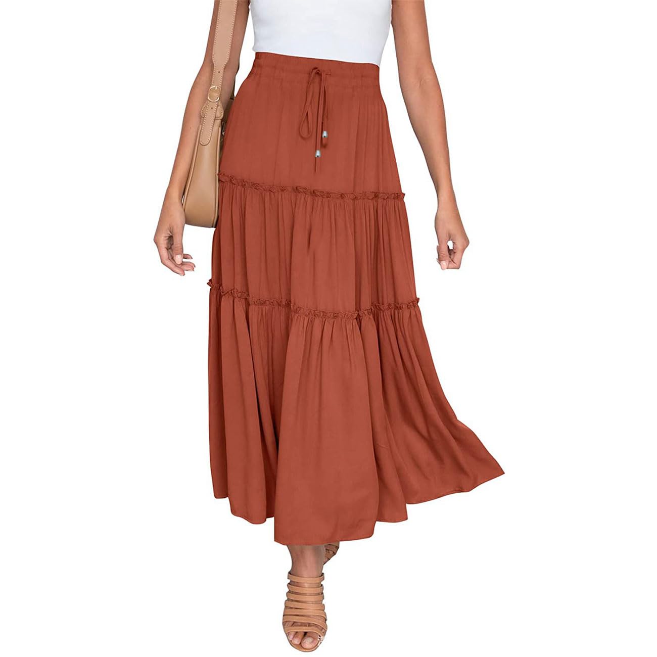 EMOTTOSWomen's Bohemian Maxi Skirt, Renaissance A-Line Long Skirts Elasticated Waist with Ruffle Edge, High Waisted Pleated Swing Boho Skirts Gypsy for Summer Spring Vacation Going Out, Orange/Black