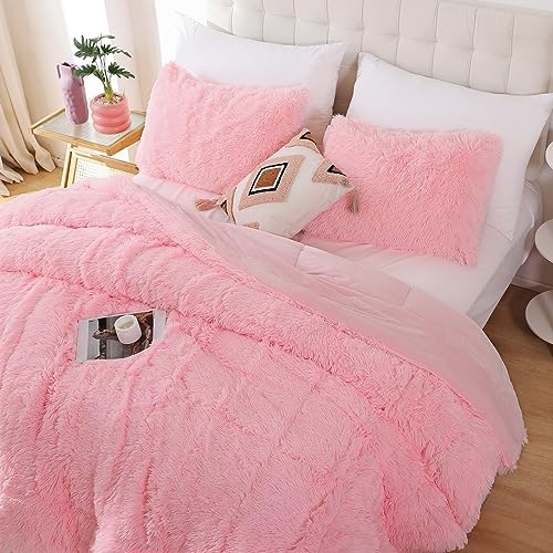 Smoofy Fluffy Twin Comforter Set, Faux Fur Comforter Set Pink, Luxury Fuzzy Twin Bedding Set Pink, Soft Shaggy Bed Set for All Season, 2 Pieces - 1 Comforter & 1 Pillowcase