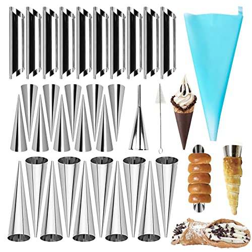 VolksRose 30pcs Cream Horn Mold, Cannoli Forms Tubes Kit, Stainless Steel 20pcs Cone Shaped and 10pcs Tubular Shaped Baking Molds for Danish Pastry Lady Lock Form Cream Roll Croissant  