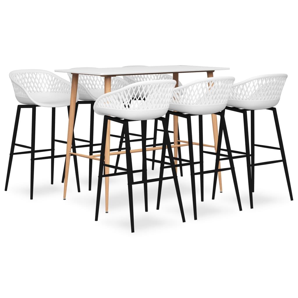 Juego de bar de 7 piezas, color blanco, con mesa moderna y taburetes para decoración de interiores, tablero de fibra de densidad media resistente y patas de metal en imitación de madera