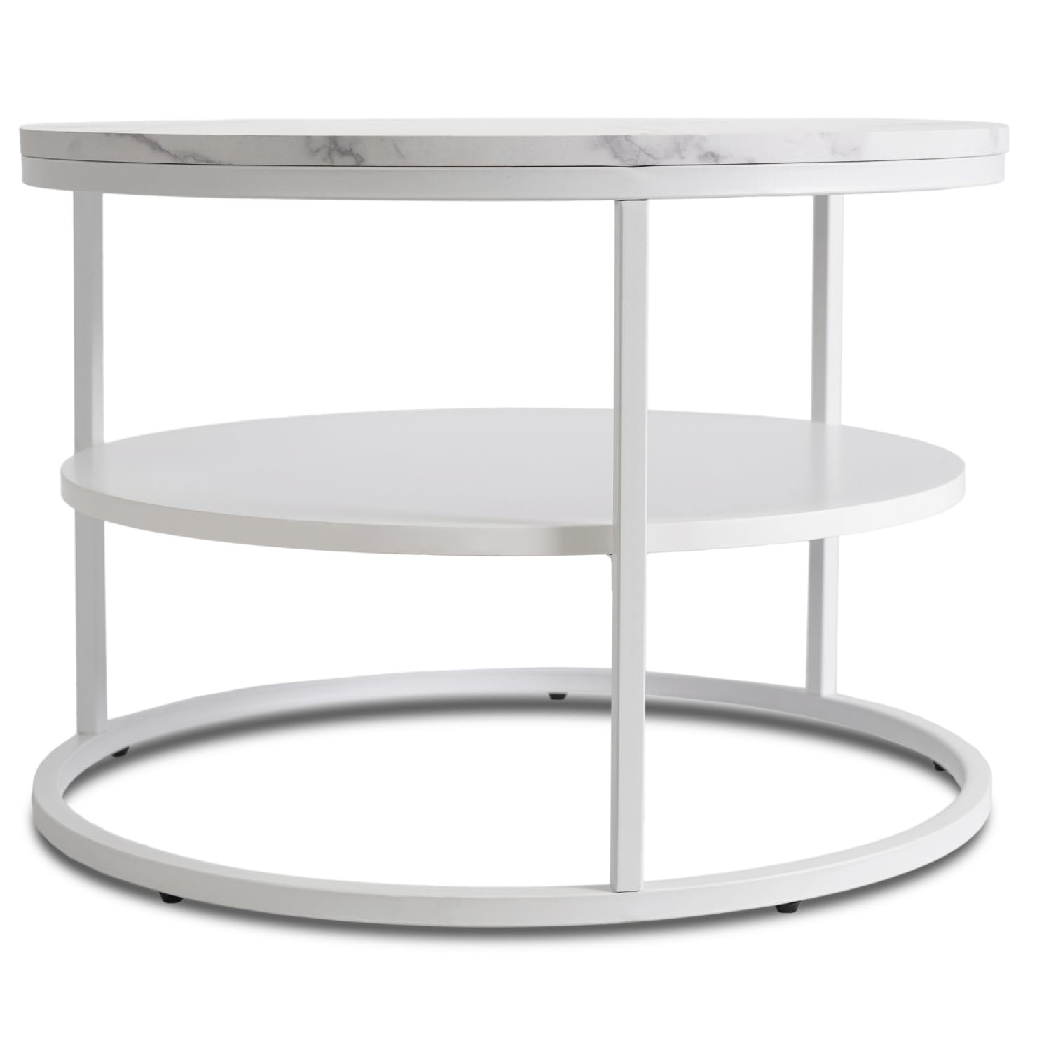 Couchtisch Rund 70 x 49,5 cm – Modern Wohnzimmertisch Marmoroptik/Weiß mit Stauraum – Sofatisch Rund für Wohnzimmer und Büro – Runder Tisch mit pflegeleichter Oberfläche