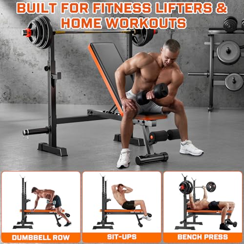 Fostoy Weight Bench, 770lbs Bench Press With Squat Rack, Adjustable Weight Benches for Home Gym, Olympic Workout Bench for Full Body Fitness, Flat Incline Bench With Removable Foot Catch