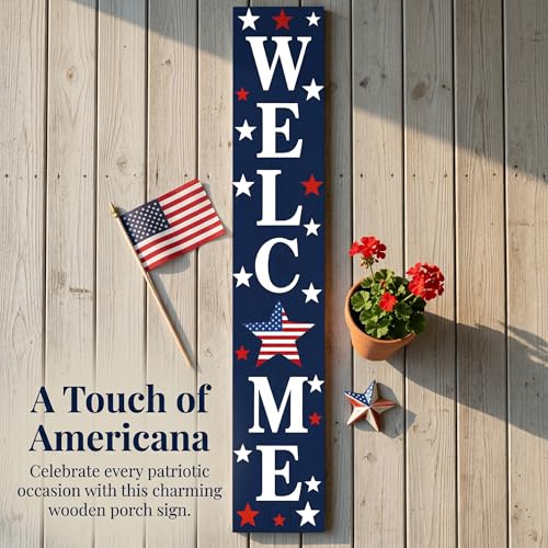 Image of Vertical Patriotic Welcome Porch Sign,4th of July Wooden Decoration for Front Porch,250th Anniversary Memorial Day Wooden Porch Sign for Outdoor Patio.