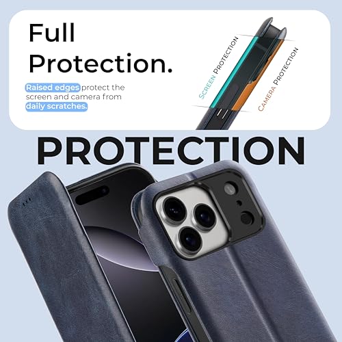Image of PULOKA Premium Leather Flip Cover Compatible with iPhone 17 Pro Max - Slim Magnetic Lock Wallet Case with Card Slot, Shockproof TPU Inner, Full Body Protection & Raised Camera Guard (Blue)