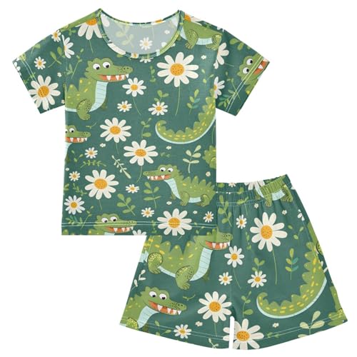 ALAZA Crocodile Daisy Flower Green Pajamas Short Sleeve 2 Piece Sleepwear Top and Bottom Pajama Set Unisex