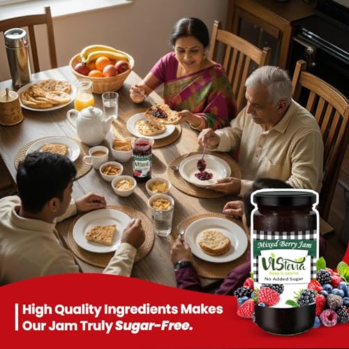Image of Vistevia Sugar Free Mixed Berry Jam, Diabetic and Keto Friendly - Sweetened Naturally with Stevia, More Than 60% Berries Content - Tastes Delicious - Pack of 1 (420GM)