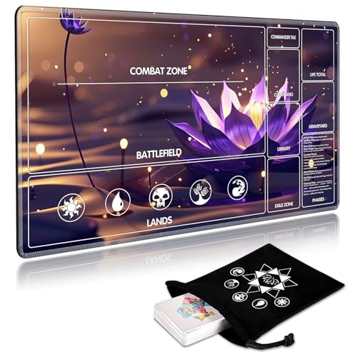 Image of for MTG Playmat with Card Storage Bag,Non-Slip Rubber Base & Smooth Surface 24x14in,Beginner-Friendly Magic Mat for Commander Deck,Purple Lotus Flower-1