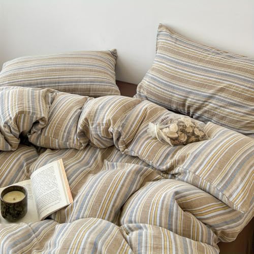 Image of Nayoroom Striped Duvet Cover Queen Size Blue Brown Stripe Duvet Cover Dorm Bedding Set 3 Pieces Soft Breathable Microfiber Farmhouse Bedding Set