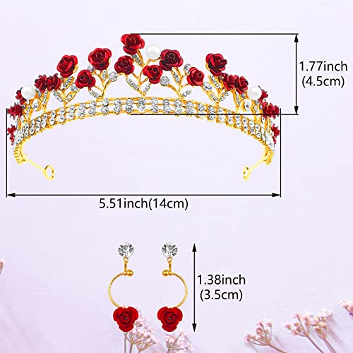 Aswewamt Red Rose Tiaras Bridal Wedding Queen Crowns Gold Flower Baroque Princess Crown Pearls Crystal Gold Headbands Earrings Rose Pendant Flower Jewelry For Women Girls #TOP1
