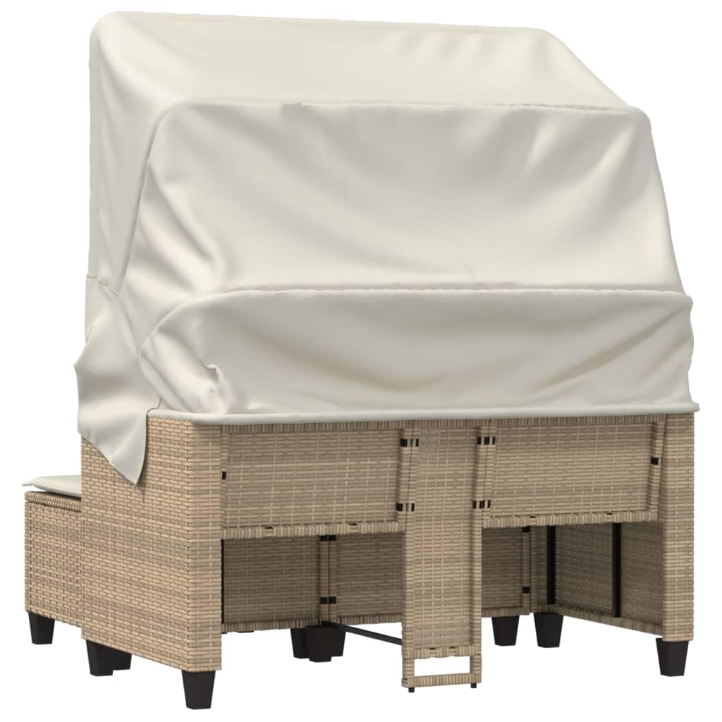 Canapé de Jardin 2 Places en résine tressée Beige avec auvent rétractable et 2 tabourets, Coussins Amovibles, mobilier d'extérieur pour terrasse Balcon Piscine Jardin Patio détente