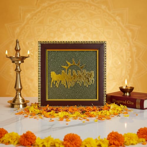 Image of 7 Horses on Pyrite Crystal Frame for Success & Fame | Seven Running Horses Vastu Wall Decor for Money Attraction | Home & Office Decor (Brown, 7x7 Inch)