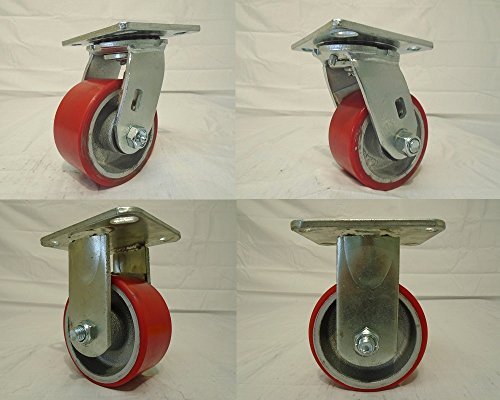 4"x2" Swivel Casters Heavy Duty Polyurethane on Steel Hub Wheel (2) and Rigids (2), Total Support 2,800 lbs.