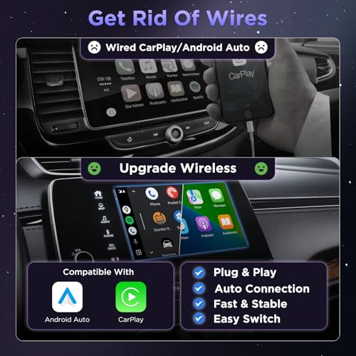 2in1 Carplay Wireless Adapter Android Auto Wireless Adapter, Mini USB Small Dongle Fast Auto Connect, Car Play Play Plug, for Apple iPhone iOS & Android 11+, OEM Wired Car Model 2017+, Black