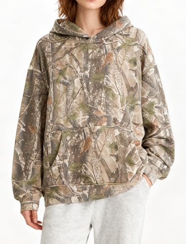 Image of Dsewpaur Camo Hoodie For Women Oversized Long Sleeve Drop Shoulder Fleece Hooded Sweatshirt Pullover With Pocket Outfits