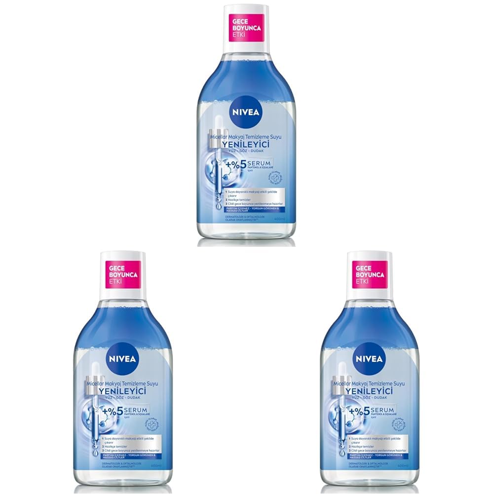 NIVEA Micellar Yenileyici Makyaj Temizleme Suyu 400 ml,Suya Dayanıklı Makyajı Çıkarır,Ovalaa Gerektirmez, Serum İçerikli,Pantenol (3 paketi)