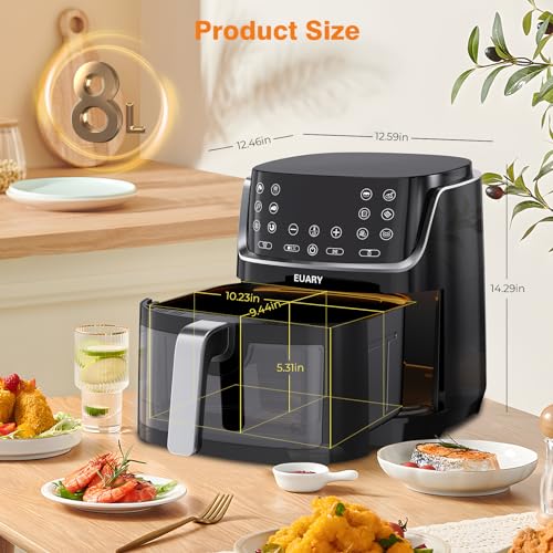 EUARY Freidora Sin Aceite 8L 1700W Freidora de Aire Caliente con 12 Programas Pantalla LED Táctil AirFryer con 32 Recetas en Español y Precalentar