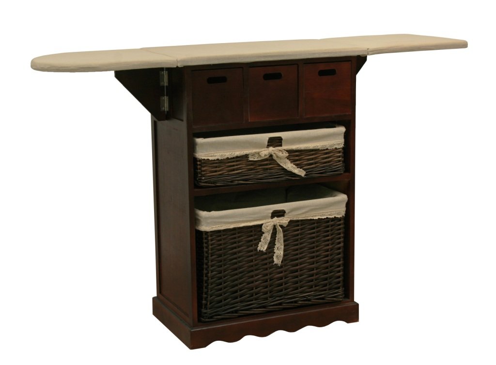 Mueble Planchero de Madera Oscura y Mimbre para Cuarto de la Colada - Mueble para Planchar (60 * 36 * 87)
