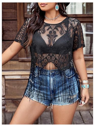 Women's Plus Size Sheer Fringe Boho Tops Lace Hollow Out Short Sleeve T Shirt Beach Vacation Tee4