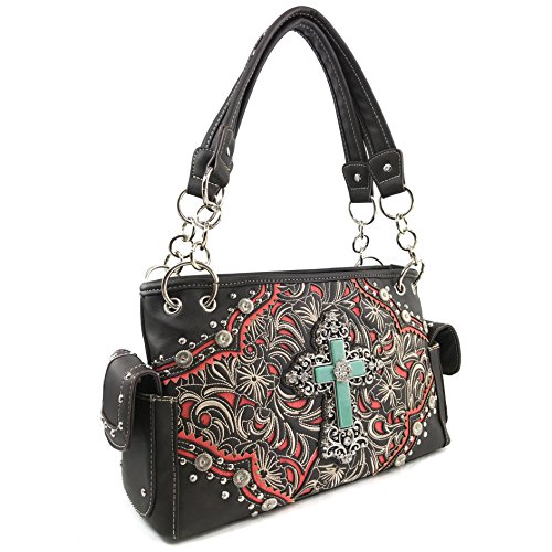 Justin West Turquoise Stone Cross Rhinestone Western Floral Embroidery Handbag3