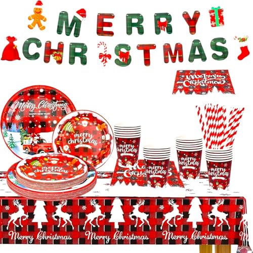KAHEIGN 127 Piezas Vajilla de Papel para Fiestas Navideñas, 25 x 23CM Platos Grandes, 25 x 18CM Platos de Ensalada, 25 x 270ml Vasos, 25 x 16CM Servilletas y 20CM Pajitas, 1 x Mantel y Pancarta