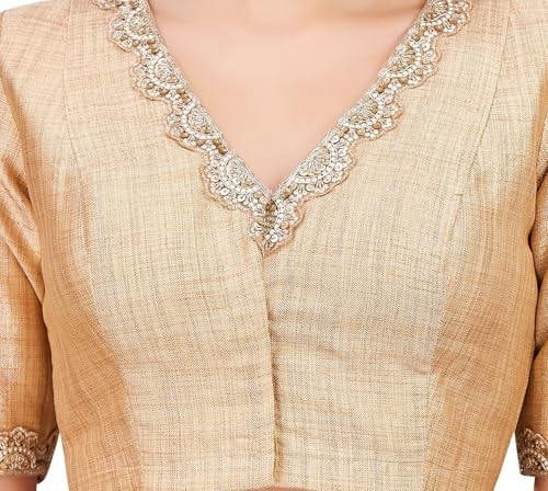 Image of Studio Shringaar Crepe Women's Linen Brocade Embroidered V-Neck Readymade Saree With Elbow Length Sleeves Blouse