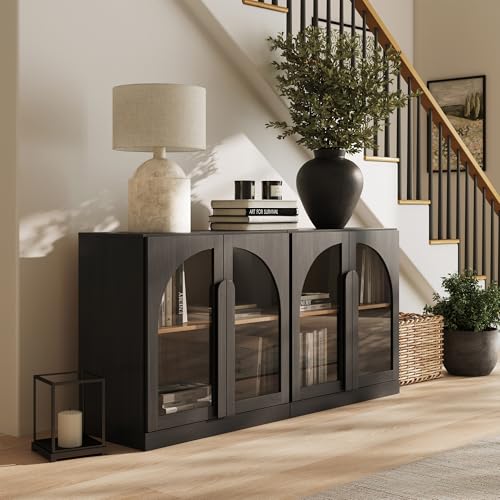 Image of BELLEZE Set of 2 Modern Sideboard Buffet Cabinets (63 inch Wide) - Large Kitchen Credenza with 4 Arched Glass Doors - Seamless Storage Console for Living Room - Ebony