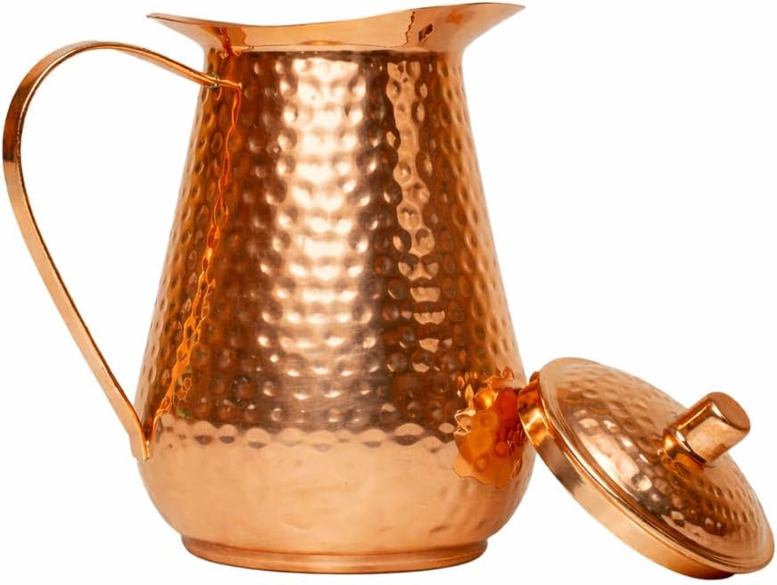 Bold & Divine Copper Water Pitcher with Lid – 100% Pure Copper Jug for Drinking Water, Juices and Beverages (68oz / 2L) | Handcrafted Hammered Vessel