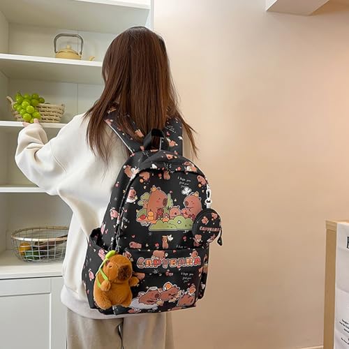 Capibara Capybara Backpack, Cute Cartoon Fashionable Print Large Capacity School Bags with Doll and Coin Purse (Brown)4