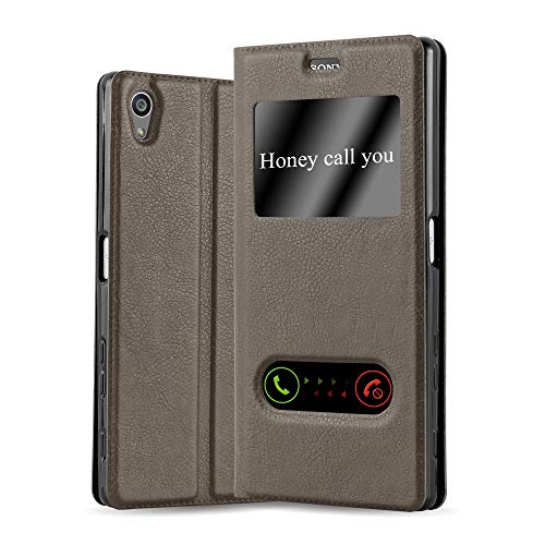 Cadorabo Book Case Compatible with Sony Xperia Z5 Premium in Stone Brown - with Magnetic Closure, 2 Viewing Windows and Stand Function - Wallet Etui Cover Pouch PU Leather Flip