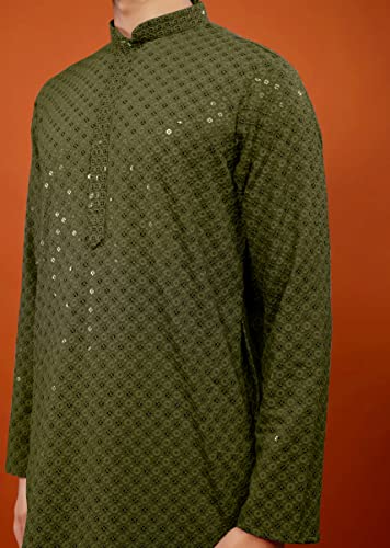 Image of Men's Rayon Blend Lucknowi Sequence Kurta Pyjama (Chickankari)