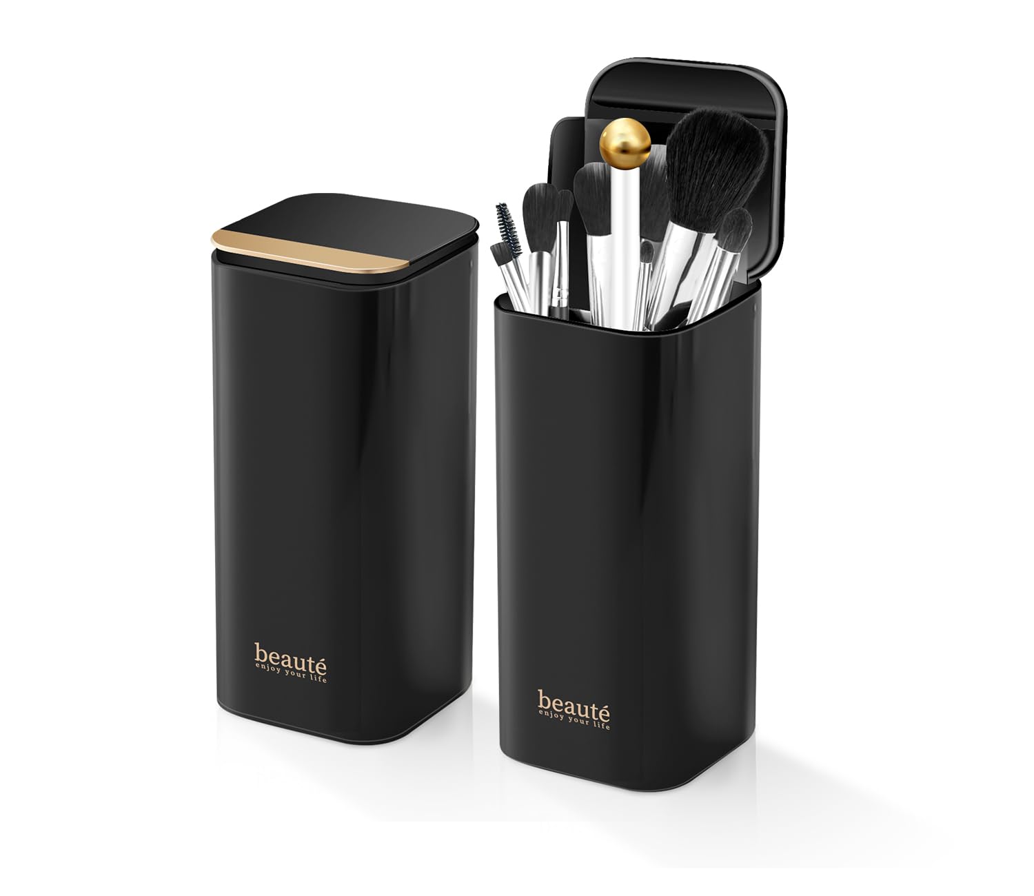 Upgrade Makeup Brush Holder Organizer with Lid, Automatic Lifting Dustproof Makeup Brushes Organizer with 4 Compartments for Vanity?Cosmetic Storage for Dresser Countertop and Bathroom (Black Gold)