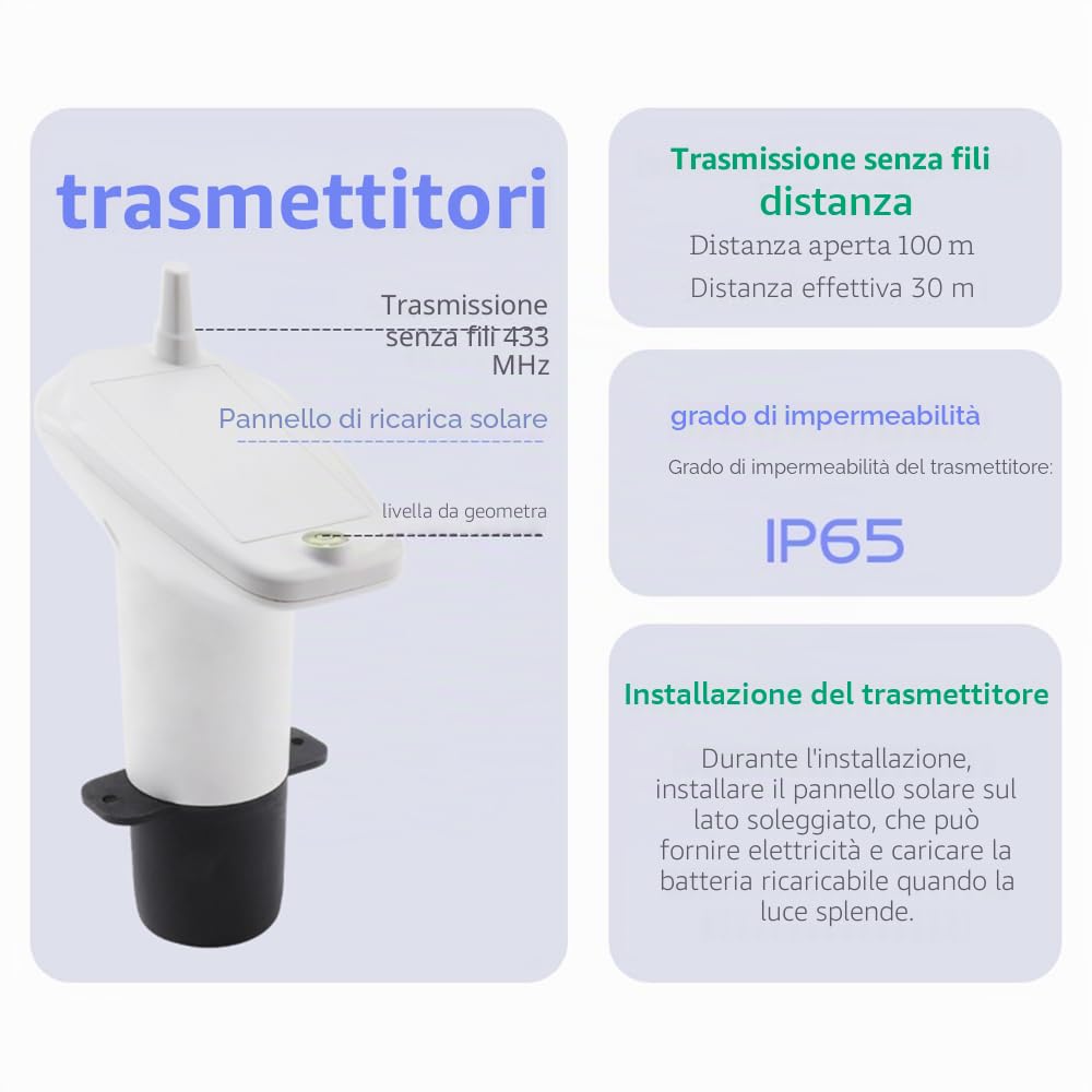 Indicatore di livello ultrasonico senza fili per serbatoi d'acqua con sensore di temperatura e visualizzazione del tempo