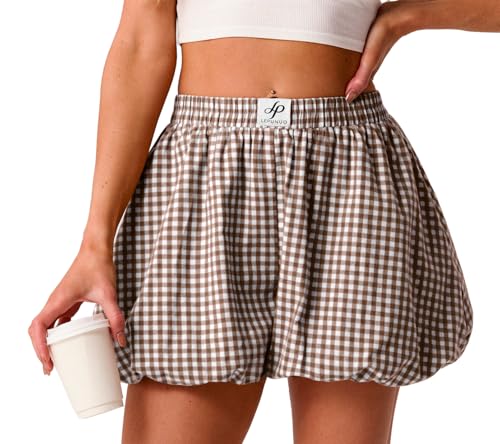 Lepunuo Womens Boxer Shorts Casual Summer Bubble Pajama Gingham Plaid Shorts Y2K Beach Bottoms