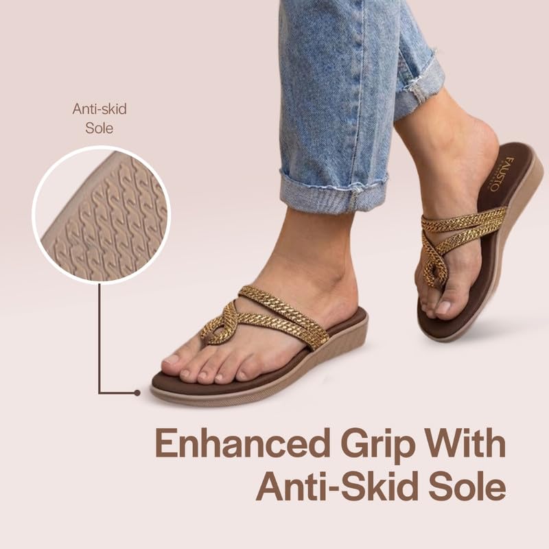 Image of FAUSTO Women T-Strap Slip On Ethnic Sandals with Rhinestone Strap | Wedge Ortho Slip-On Slippers | Perfect for Wedding, Festive Outfits
