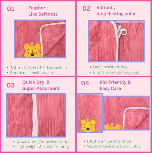 Image of DIVYAM Kids Bath Towel - 425 GSM Soft Microfiber Towel for Newborns, Toddlers & Kids - Lightweight & Absorbent - Cute Bear Design - Deep Pink Color - 120 x 60 CM - Set of 1