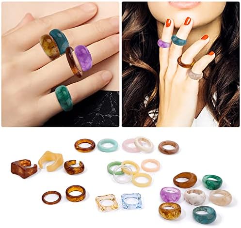 24Pcs Retro Resin Rings Chunky Acrylic Rings Set Colorful Finger Ring Set Transparent Plastic Rings Jewelry for Women and Girls