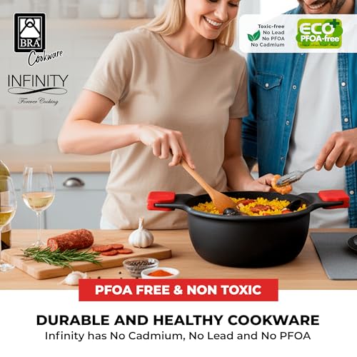 Image of BRA COOKWARE Infinity Nonstick Stock Pot w /Glass Lid | 9.5 Inch 3.8 Quart Cast Aluminum Cooking Pot | PFOA /PFAS Free Deep Pot | All Cooktops (incl Induction) | Removable Silicone Handle
