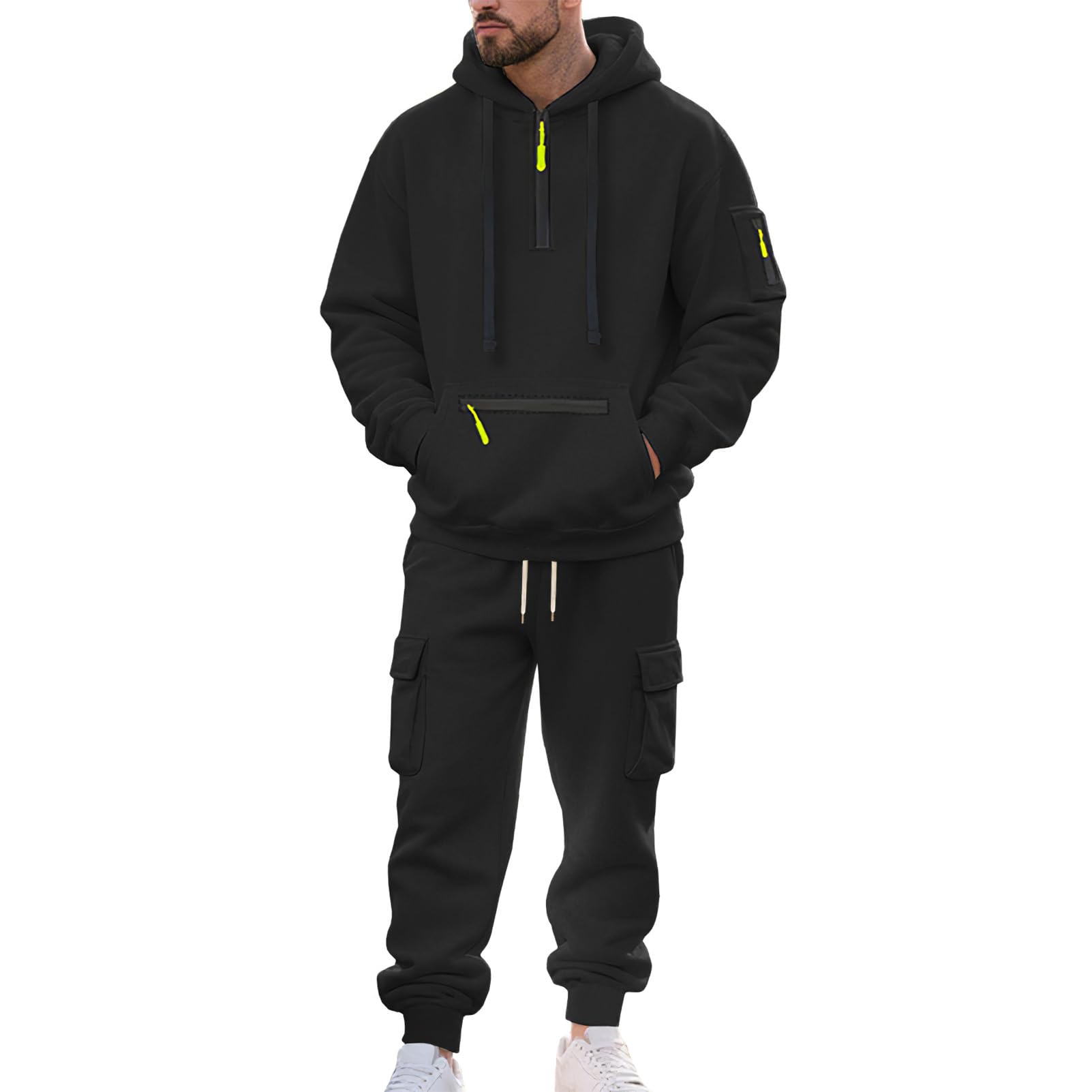 amropi Tuta da Ginnastica con Cappuccio da Uomo Felpa con Cerniera 1/4 e Pantaloni Cargo Sportivo da Jogging Set