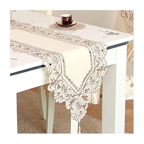 Chemin de table de Noël brodé de fleurs en polyester beige avec pompon délicat
