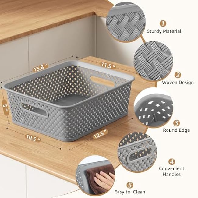 MaxGear Organization and Storage 3 Packs, Plastic Bins Organizer Bins, Woven Baskets for Storage, Plastic Baskets with Handles, Grey Basket for Organizing, Basket Organizer for Home and Office, Large