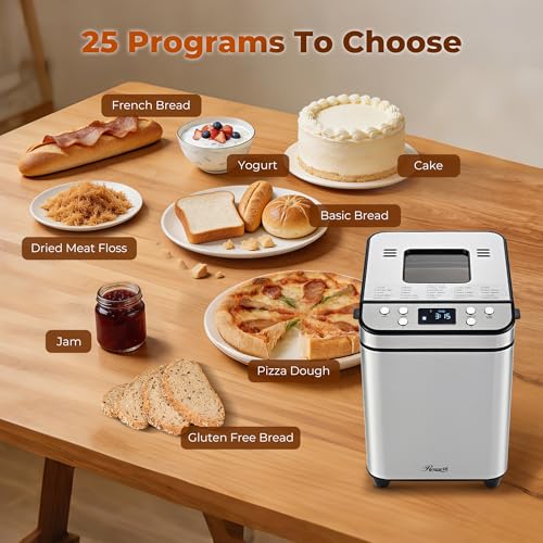 Image of Rosewill 25-in-1 Automatic Bread Maker Machine with 3 Loaf Size up to 2 Lb, 700W High Power Dual Heater Bread Maker with BPA-free Nonstick Coating Pan, Max 15 Hours Delay Timer, Low Noise - Silver