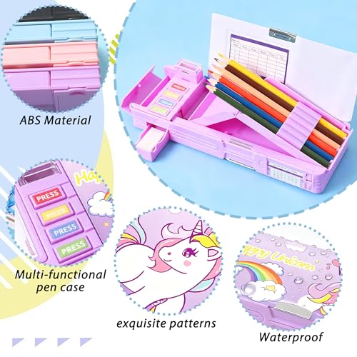 Image of Pop Up Multifunction Pencil Case with Pencil and Eraser, Cute Cartoon Pen Box Organizer Stationery, Sharpener, Schedule, Best Birthday Gifts for Kids Teens(Purple unicorn)